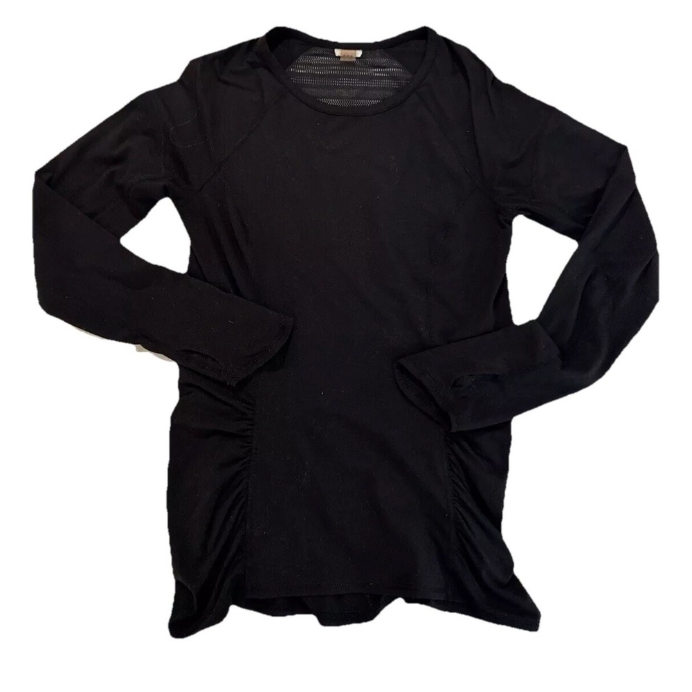 Roxy Shirt Top Womens Medium Black Long Sleeve Logo Ruched Mesh Back Thumb Holes